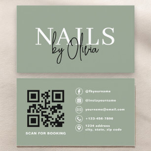 Carte De Visite Sage Green QR Code Nail Spécialiste Artiste