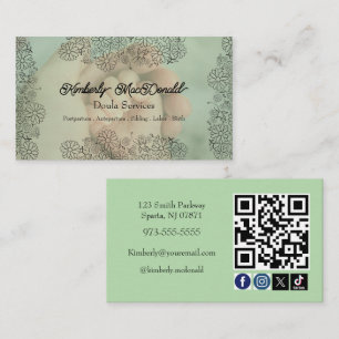 Carte De Visite Sage Green script de doula icône sociale code QR p