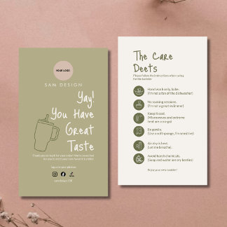 Carte De Visite Sage Green Tumbler Care Instruction Card With Logo