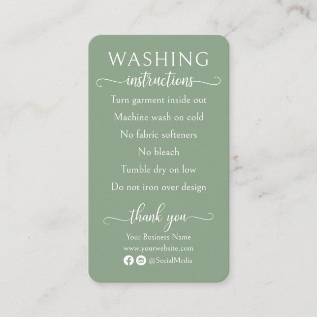 Carte De Visite Sage Green Washing Instructions Vêtements (Devant)
