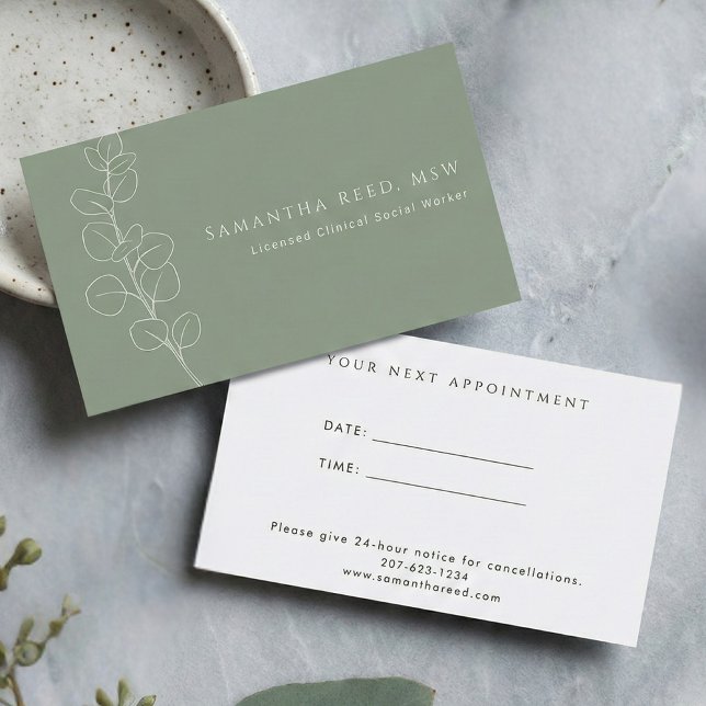 Carte De Visite Sage Green White Eucalyptus Therapist Appointment  (Sage Green White Botanical Modern Elegant Appointment Reminder Card)