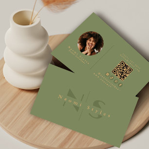 Carte De Visite Sage/Or Minimaliste Code QR Professionnel Photo