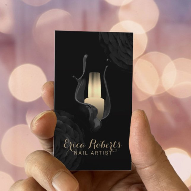 Carte De Visite Salon à ongles Manicuriste moderne Black Gold Flor (Créateur téléchargé)