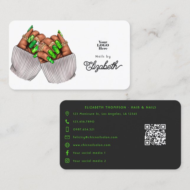 Carte De Visite Salon à ongles noir et vert gras Brandon pour femm (Devant / Derrière)