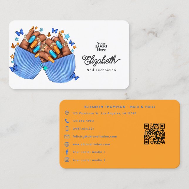 Carte De Visite Salon à ongles orange et bleu (Devant / Derrière)