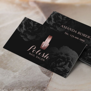 Carte De Visite Salon à ongles polonaises rose Élégant noir floral