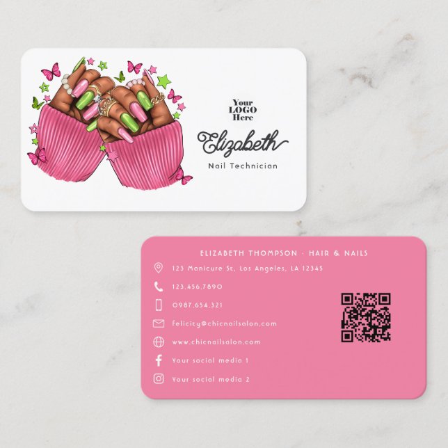 Carte De Visite Salon à ongles rose et vert (Devant / Derrière)