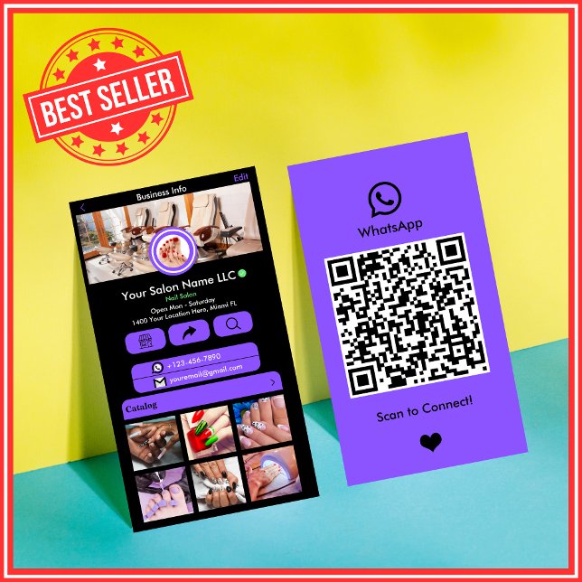 Carte De Visite Salon à ongles WhatsApp violet | Social Media QR C (Créateur téléchargé)