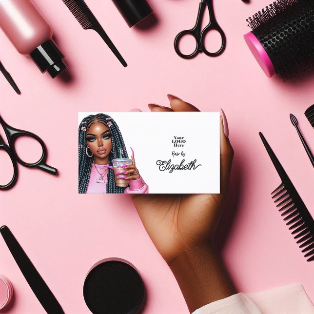 Carte De Visite Salon afro-américain aux couleurs chaudes (Bold Hot-Pink African American Salon Branding Business Card)