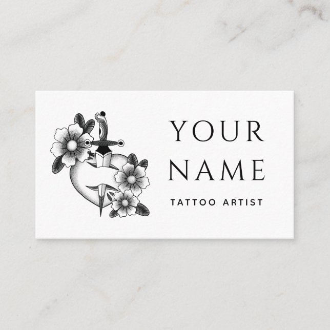 Carte De Visite Salon Artiste De Tatouage Floral Épée Classique Bl (Devant)