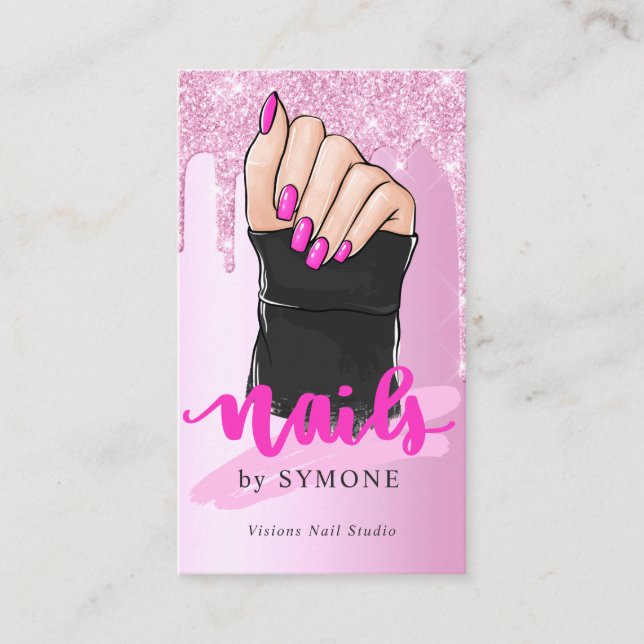 Carte De Visite Salon Artiste Nail Tech Parties scintillant rose g (Devant)