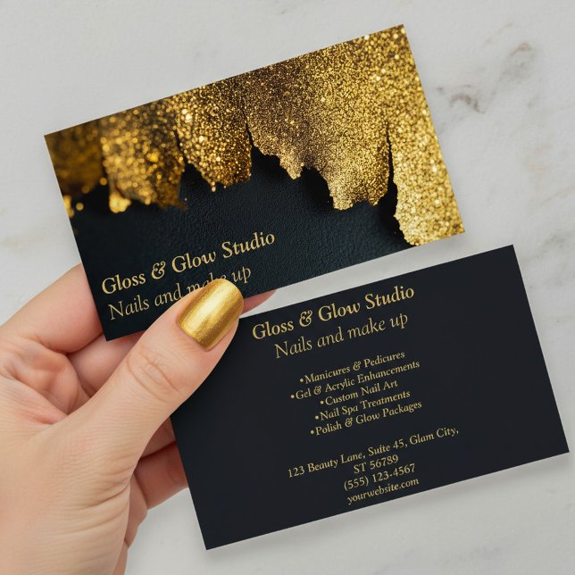 Carte De Visite Salon de beauté de la Parties scintillant de luxe  (Black and Gold Luxurious Glitter nail beauty salon Business Card.)