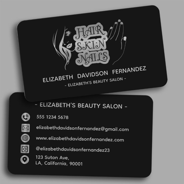 Carte De Visite Salon de beauté Logo moderne en argent Médias soci (Créateur téléchargé)