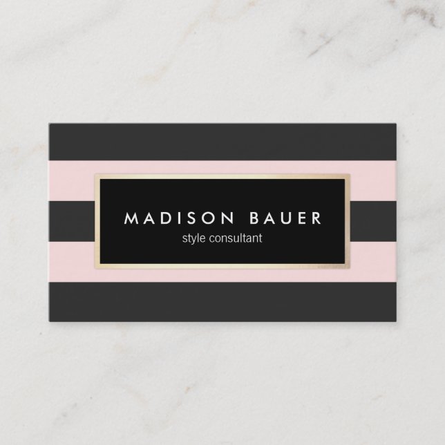 Carte De Visite Salon de beauté moderne élégant rose et noir rayé (Devant)