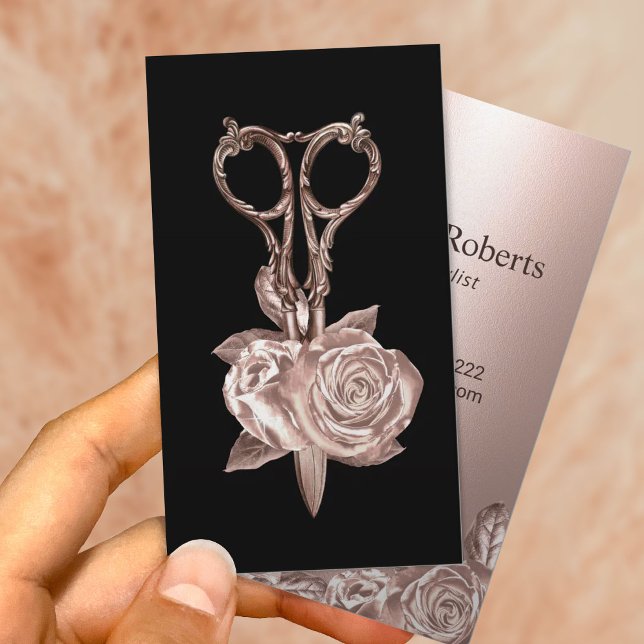 Carte De Visite Salon de beauté moderne Rose Gold Flower & Cisor (Créateur téléchargé)