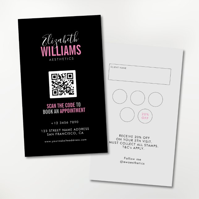 Carte De Visite Salon de beauté rose noir QR Code Fidélité & (Business card with QR code for booking appointment and loyalty rewards at the back.)