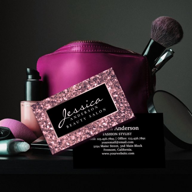 Carte De Visite Salon de beauté rose Parties scintillant or  (Rose Gold Glitter Beauty Salon Business Card #zazzlemade #luxuryrosegold #beautybusinesscard #chick)