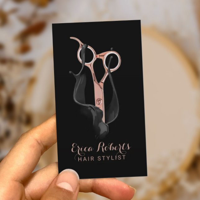 Carte De Visite Salon de cheveux moderne Noir & Rose Gold Hair Sty (Créateur téléchargé)