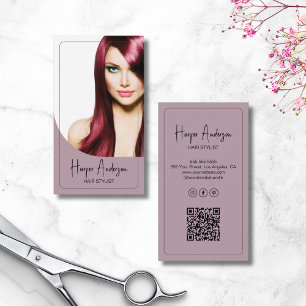 Carte De Visite Salon de coiffeur Photo personnalisée QR Mauve pou