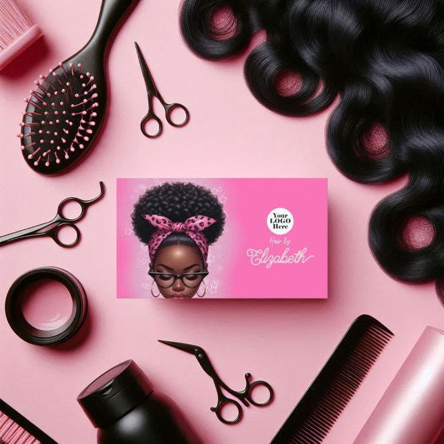Carte De Visite Salon de coiffure Afro Rose et Blush (Hot-Pink and Blush Afro Hair Salon Branding Business Card)