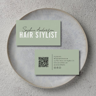 Carte De Visite Salon de coiffure Code QR Vert Sauge