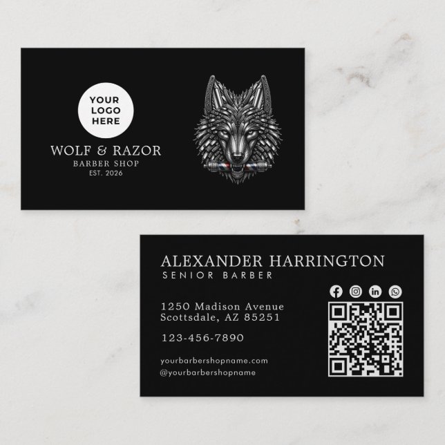 Carte De Visite Salon De Coiffure Moderne Logo Silver Wolf Code Qr (Devant / Derrière)