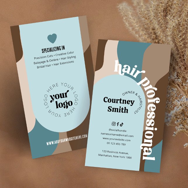 Carte De Visite Salon de coiffure super Retro Turquoise & Beige (Trendy hair stylist business cards with retro fonts and your logo)