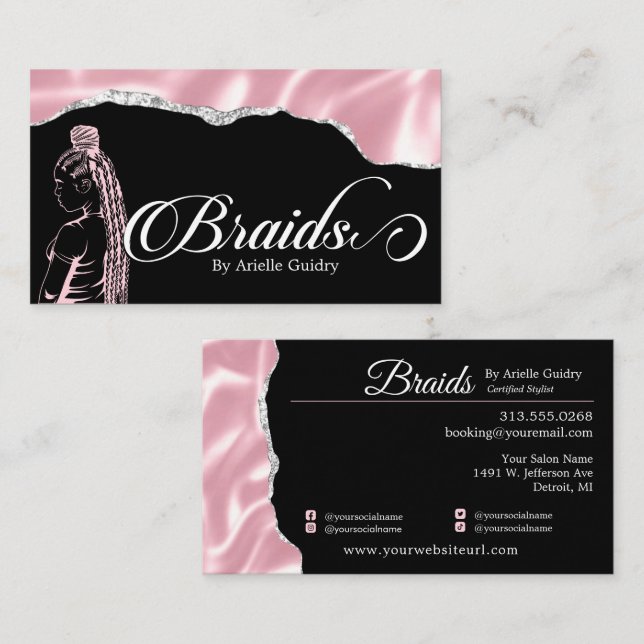 Carte De Visite Salon de la tresse de cheveux Silver & Pink Glam (Devant / Derrière)