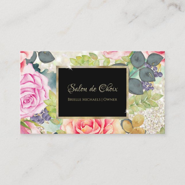 Carte De Visite Salon de luxe Elégante Parties scintillant Rose Fl (Devant)