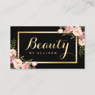 Carte De Visite Salon de maquillage Beauty Script Black Gold Flora