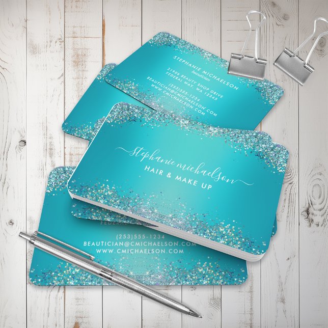 Carte De Visite Salon de maquillage de cheveux à la Parties scinti (Trendy Teal Holographic Glitter Hair Makeup Salon Business Card)