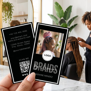 Carte De Visite Salon de tressage vertical noir Logo photo unique