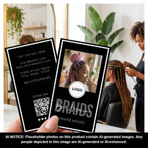 Carte De Visite Salon de tressage vertical noir Logo QR photo uniq