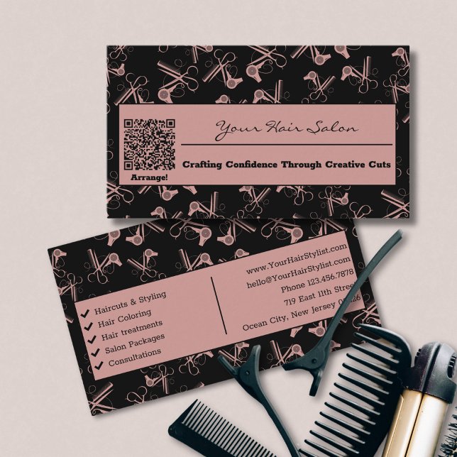 Carte De Visite Salon des cheveux Toscane rose et noir QR Code (Tuscany Pink & Black QR Code Hair Salon Business Card)