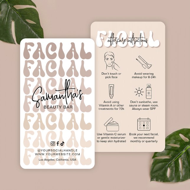 Carte De Visite Salon Retro Beige tendance soins du visage Instruc (Modern facial after care cards in beige and white with retro fonts and care icons)