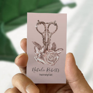 Carte De Visite Salon Rose Blush Gold Scissor Fleurs de cheveux St