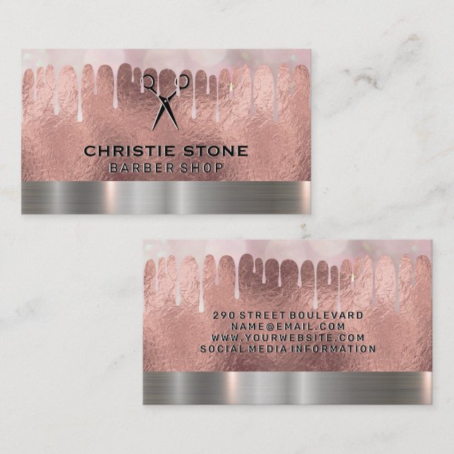 Carte De Visite Salon Shears Rose Gold Foil | Bokeh Drip (Devant / Derrière)