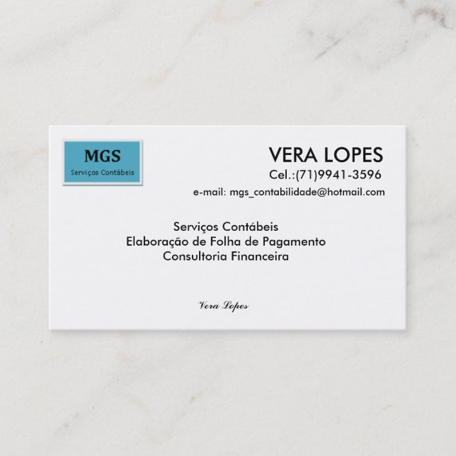 Carte De Visite Sans titre, VERA LOPES, courrier électronique : (Devant)