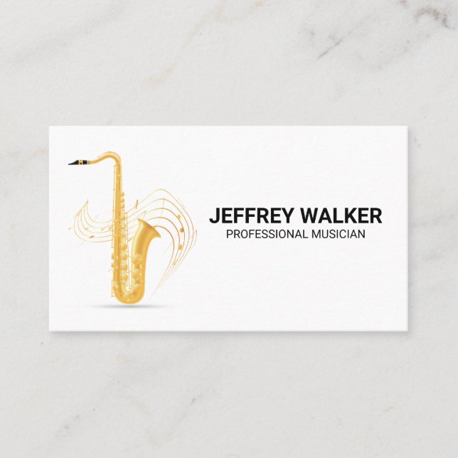 Carte De Visite Saxophone d'or | Notes musicales (Devant)