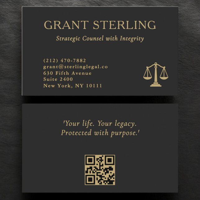 Carte De Visite Scales of Justice Black Gold Legal QR Code  (Créateur téléchargé)