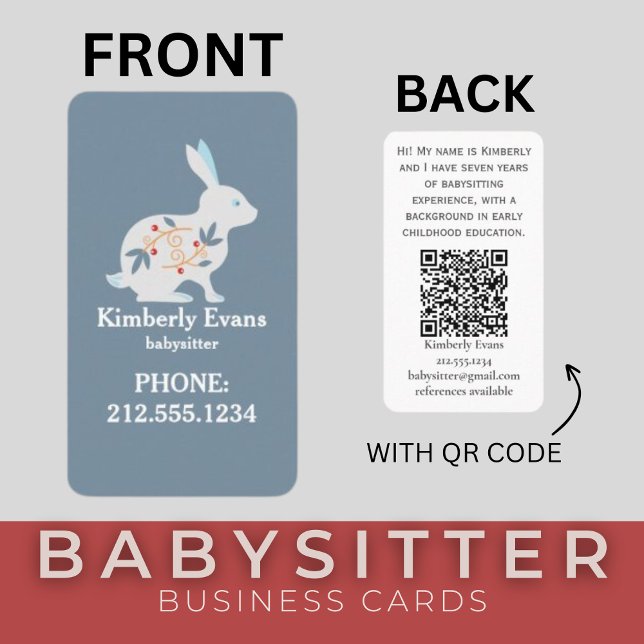 Carte De Visite SCANDI Rabbit Floral Navy Babysitter QR Code (SCANDI Bunny Rabbit Floral Navy Babysitter Business Cards )