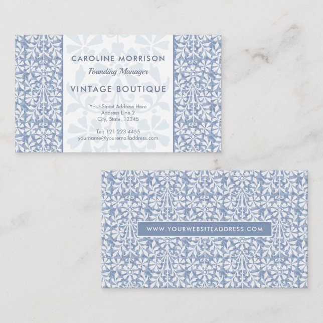 Carte De Visite Scandinavian Blue and White Floral Elegant (Devant / Derrière)