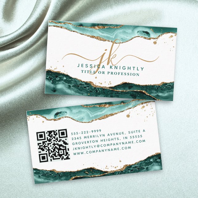 Carte De Visite Script Agate Turquoise Monogramme Parties scintill (Créateur téléchargé)