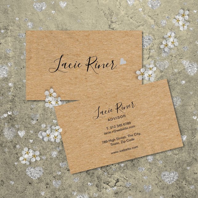 Carte De Visite Script chic Coeur d'amour d'argent Rustic Kraft (Chic Script Silver Love Heart Rustic Kraft Business Card)