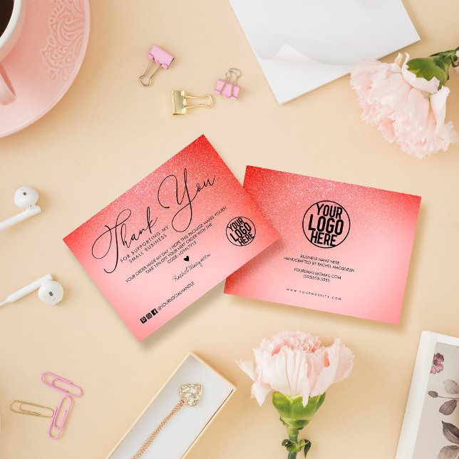 Carte De Visite Script de Parties scintillant rose de corail Neon  (Créateur téléchargé)