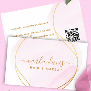 Carte De Visite Script de signature Rose poudré Aquarelle Or QR