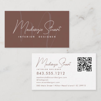 Carte De Visite Script en terre cuite QR Code Monogramme Moderne