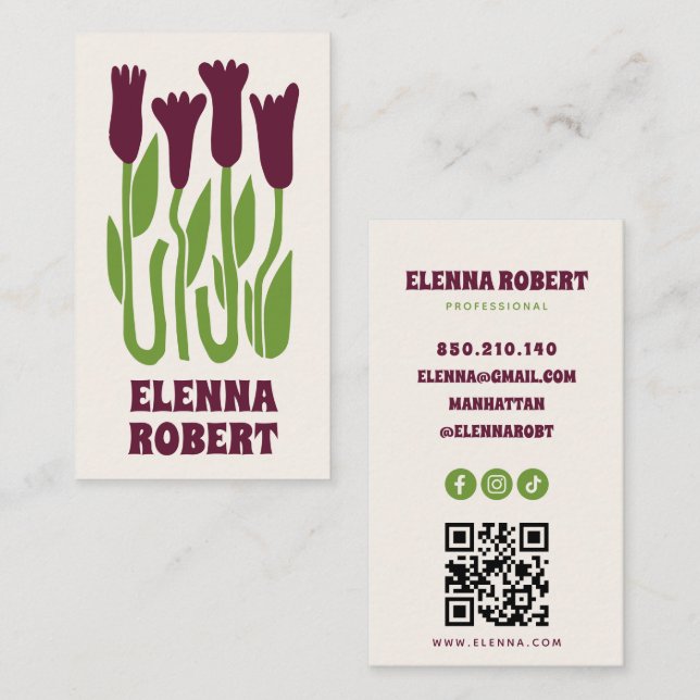 carte de visite script fleurs boho groovy (Devant / Derrière)