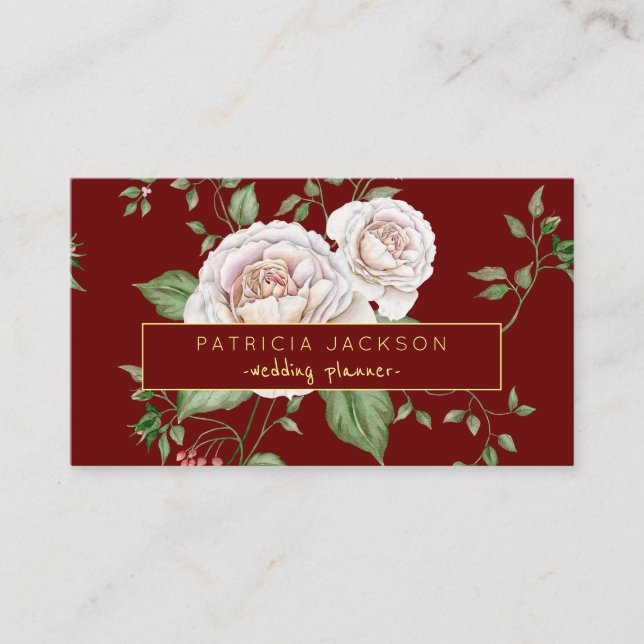 Carte De Visite Script Floral Rouge Bourgogne Or | Wedding planner (Devant)