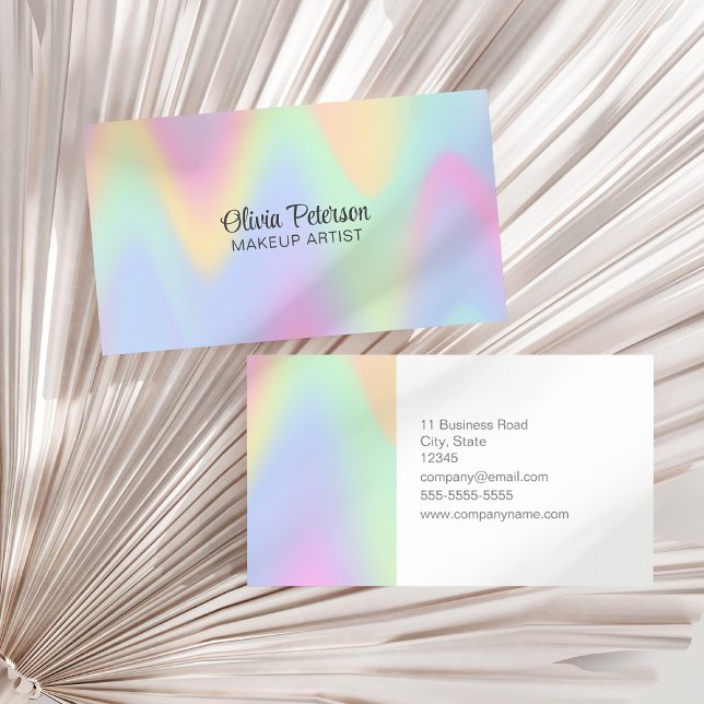 Carte De Visite Script Holographique moderne élégant (Modern Holographic Elegant Script Business Card on a white dry palm leaf.)